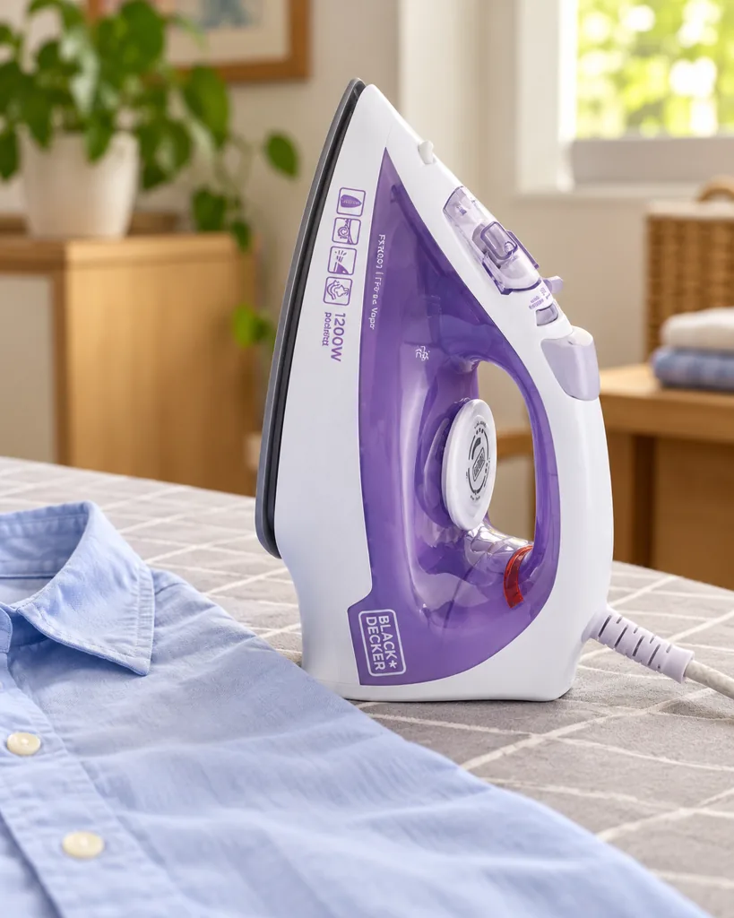 Ferro Black+Decker FX1050 em pé na tábua, ao lado de uma camisa azul-clara