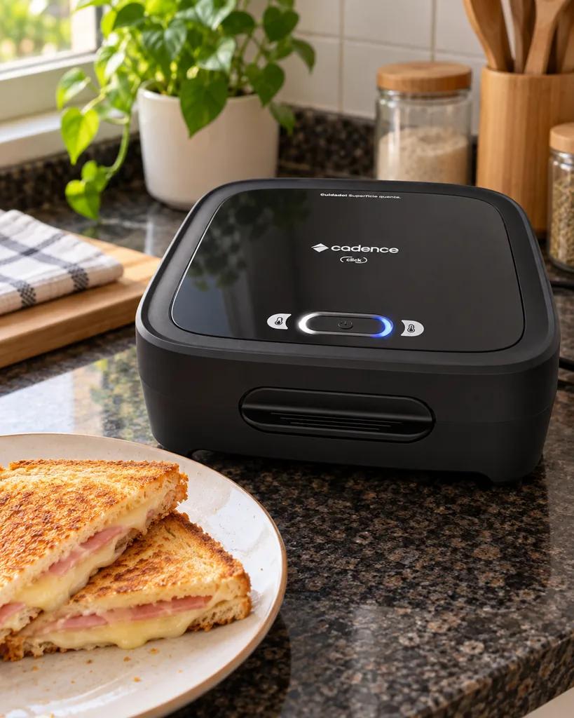 Sanduicheira Cadence Click na bancada de granito, com um misto-quente cortado no prato ao lado