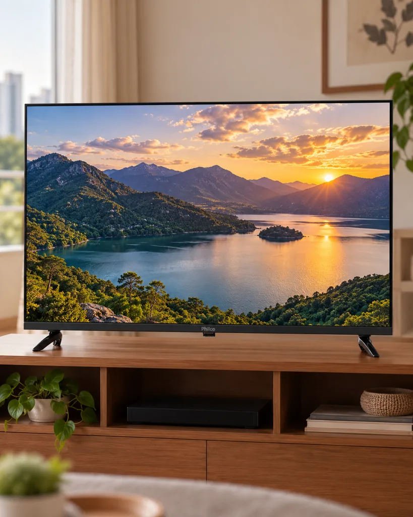 TV Philco de 43 polegadas sobre o rack da sala, com uma paisagem na tela