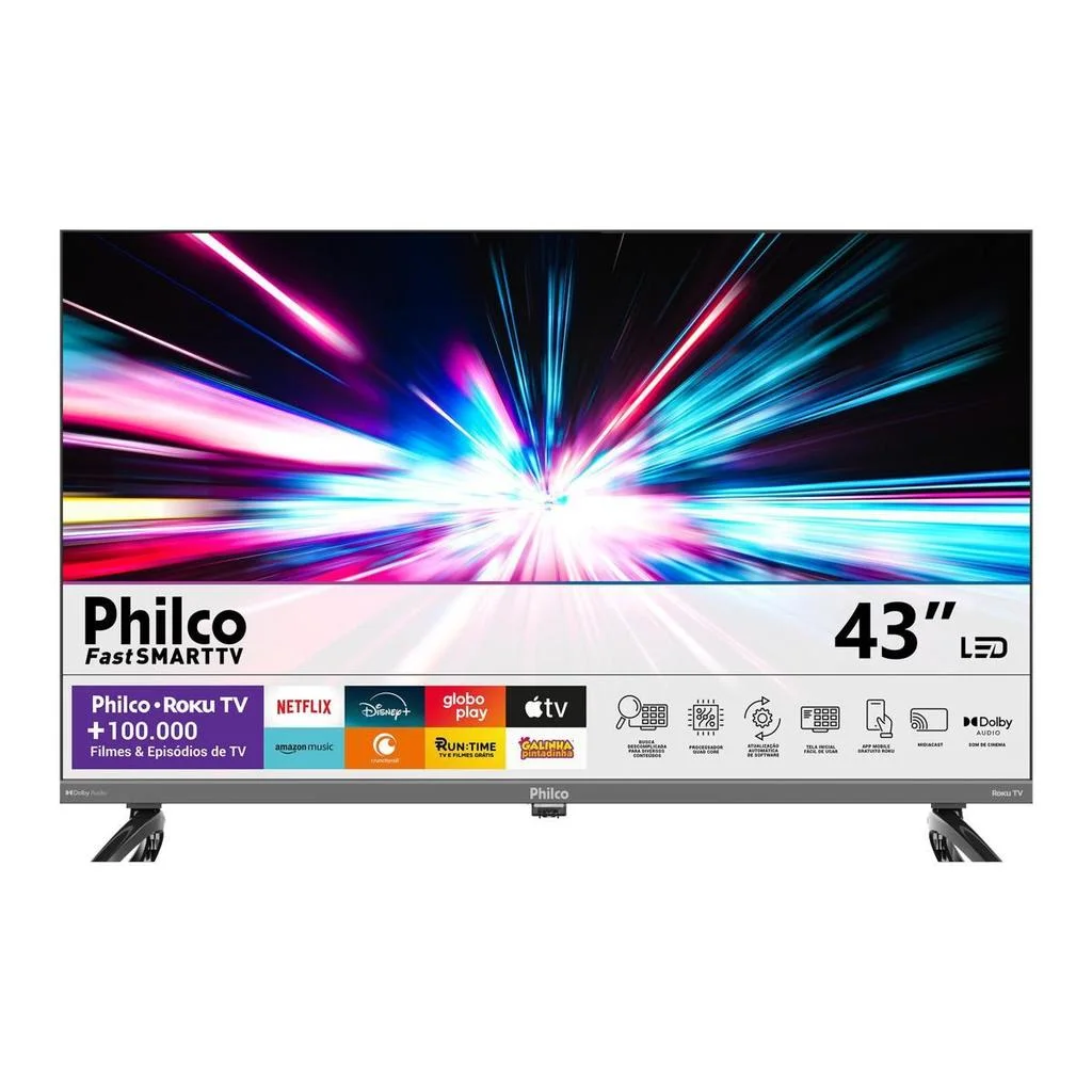 Smart TV Philco de 43 polegadas com a tela inicial do Roku
